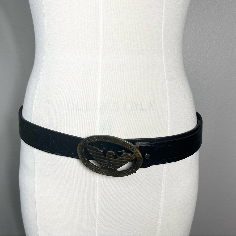 Black Embossed Leather Belt with Brass Eagle Buckle - Armani Jeans Giorgio Mens